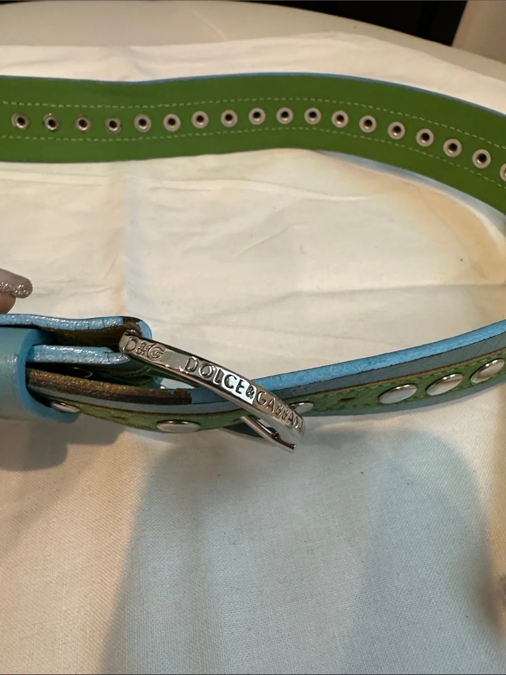 Vintage D&G Dolce & Gabbana Green Blue Studded Leather Belt